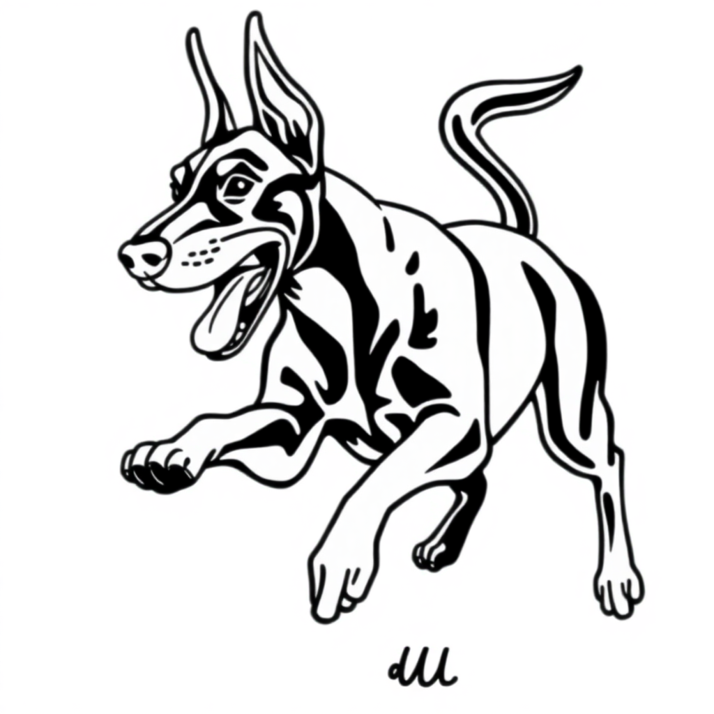 Doberman Pinscher dog — playing and running, energetic and joyful coloring page Minimal style - free printable