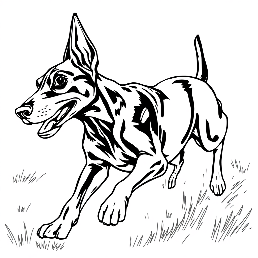 Doberman Pinscher dog — playing and running, energetic and joyful coloring page Rockwell style - free printable