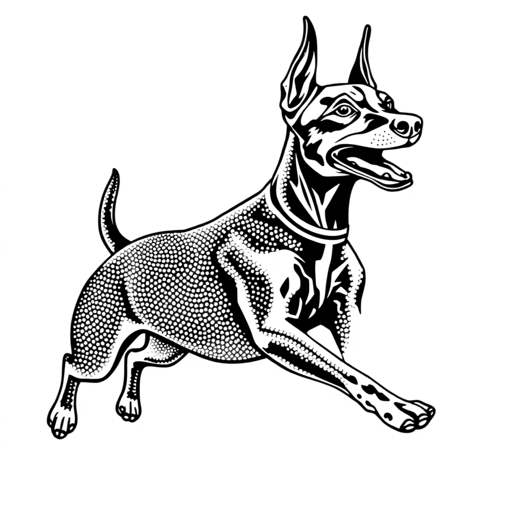 Doberman Pinscher dog — playing and running, energetic and joyful coloring page Stipple style - free printable
