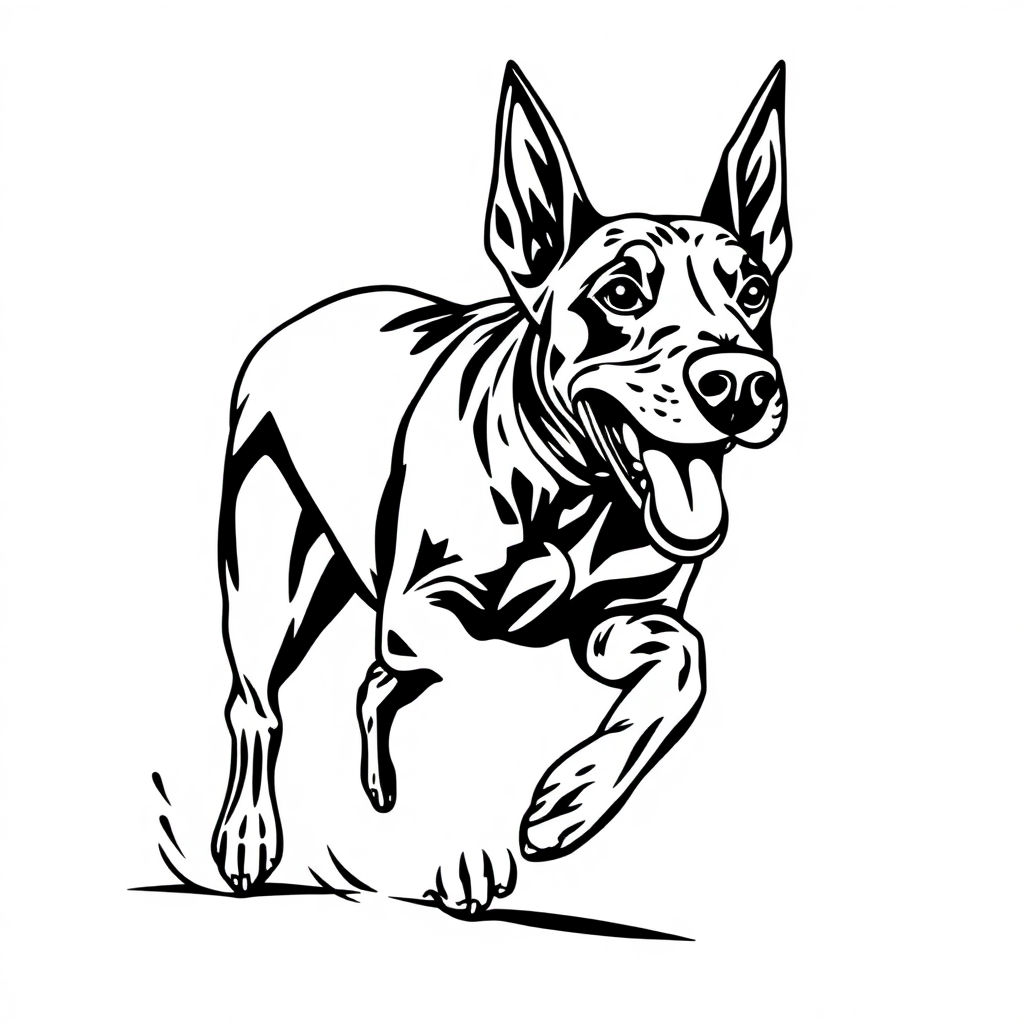 Doberman Pinscher dog — playing and running, energetic and joyful coloring page Woodcut style - free printable