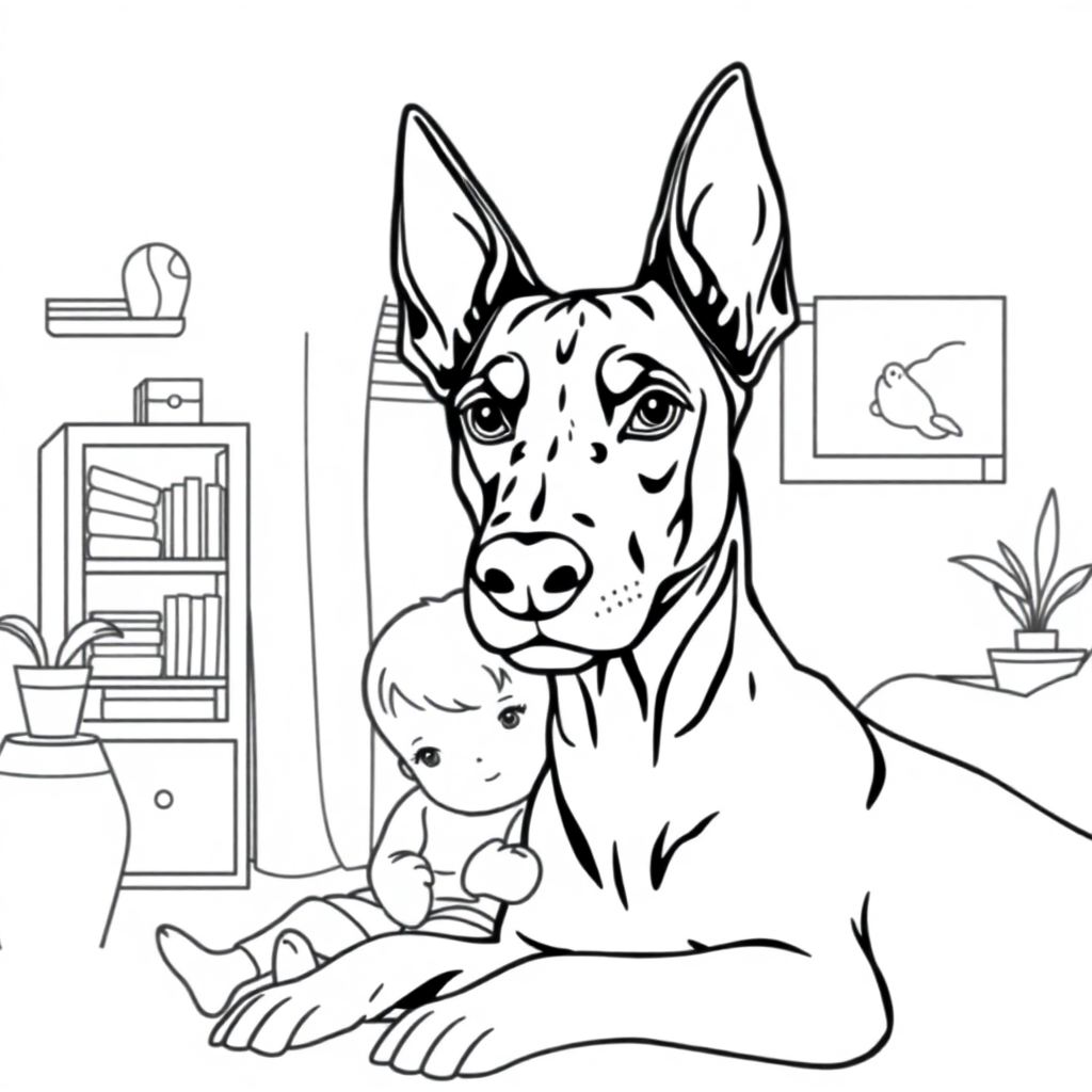 Doberman Pinscher dog — with a young child in a cozy home setting coloring page Contour style - free printable