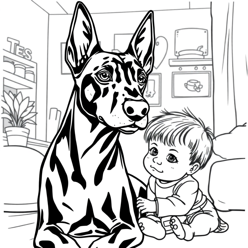 Doberman Pinscher dog — with a young child in a cozy home setting coloring page Manga style - free printable