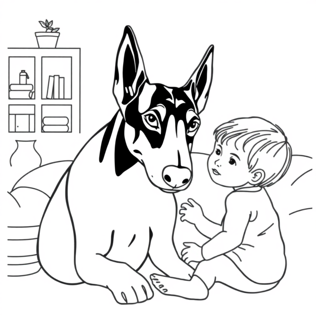 Doberman Pinscher dog — with a young child in a cozy home setting coloring page Minimal style - free printable