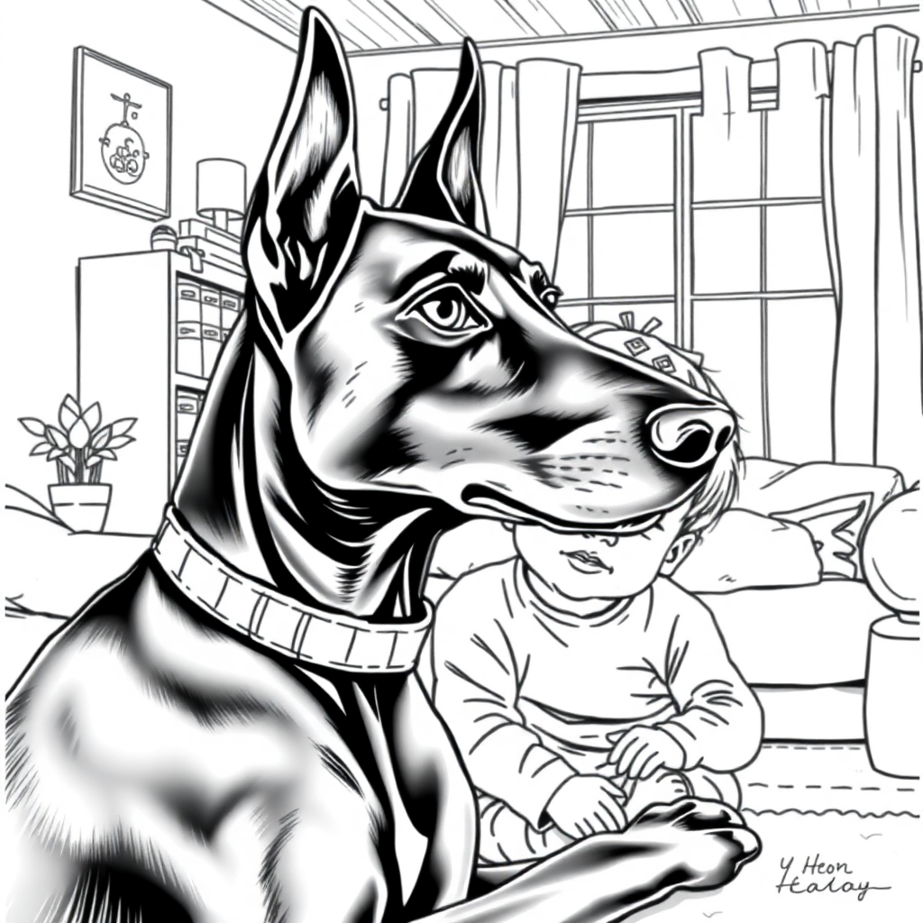 Doberman Pinscher dog — with a young child in a cozy home setting coloring page Rockwell style - free printable