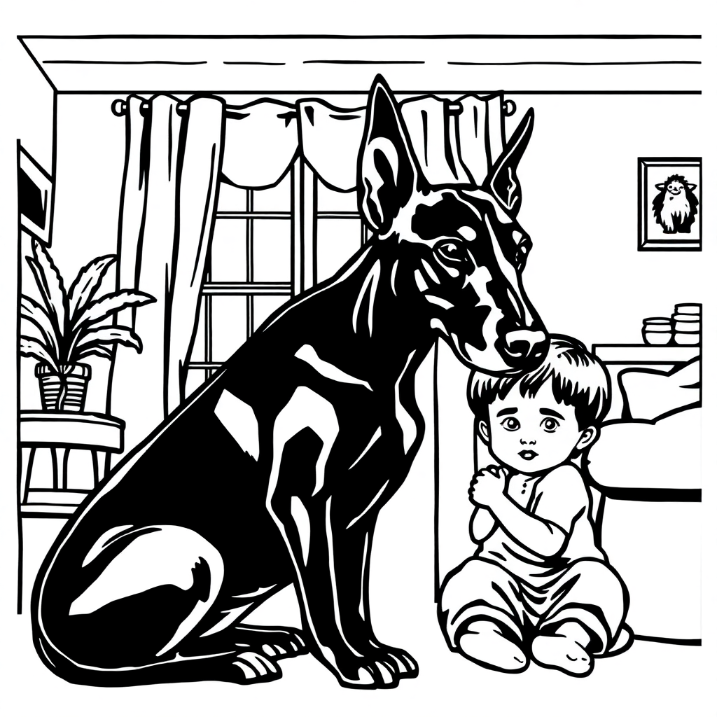 Doberman Pinscher dog — with a young child in a cozy home setting coloring page Woodcut style - free printable