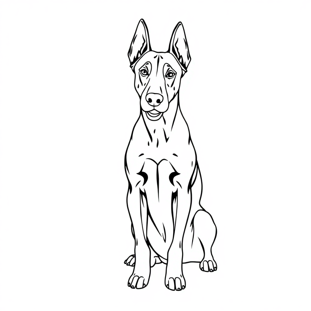 Doberman Pinscher dog — sitting portrait, looking at viewer, friendly expression coloring page Contour style - free printable