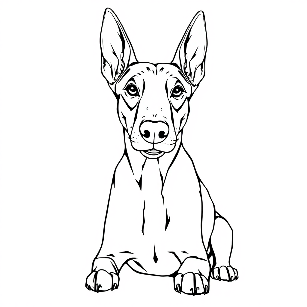 Doberman Pinscher dog — sitting portrait, looking at viewer, friendly expression coloring page Manga style - free printable