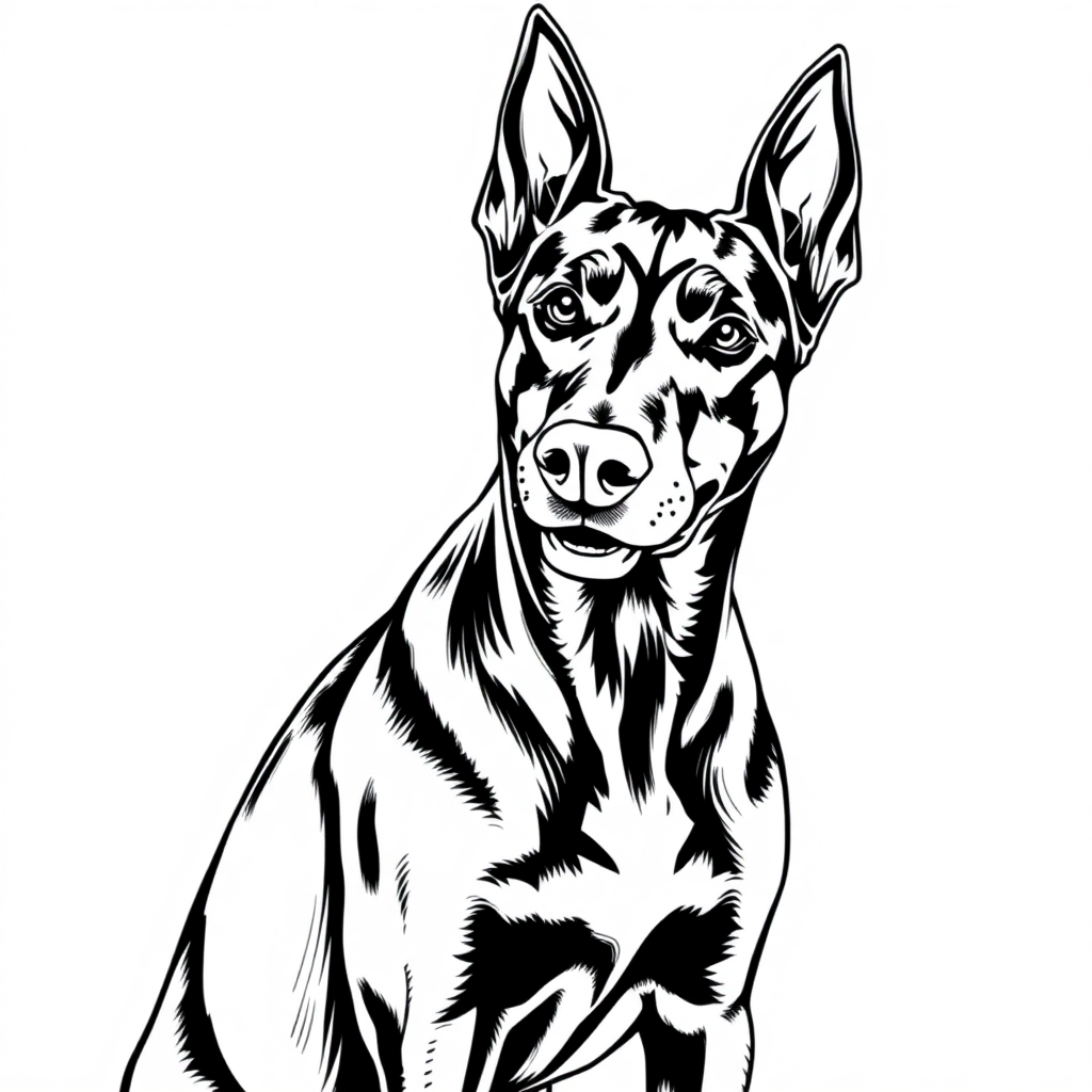 Doberman Pinscher dog — sitting portrait, looking at viewer, friendly expression coloring page Rockwell style - free printable