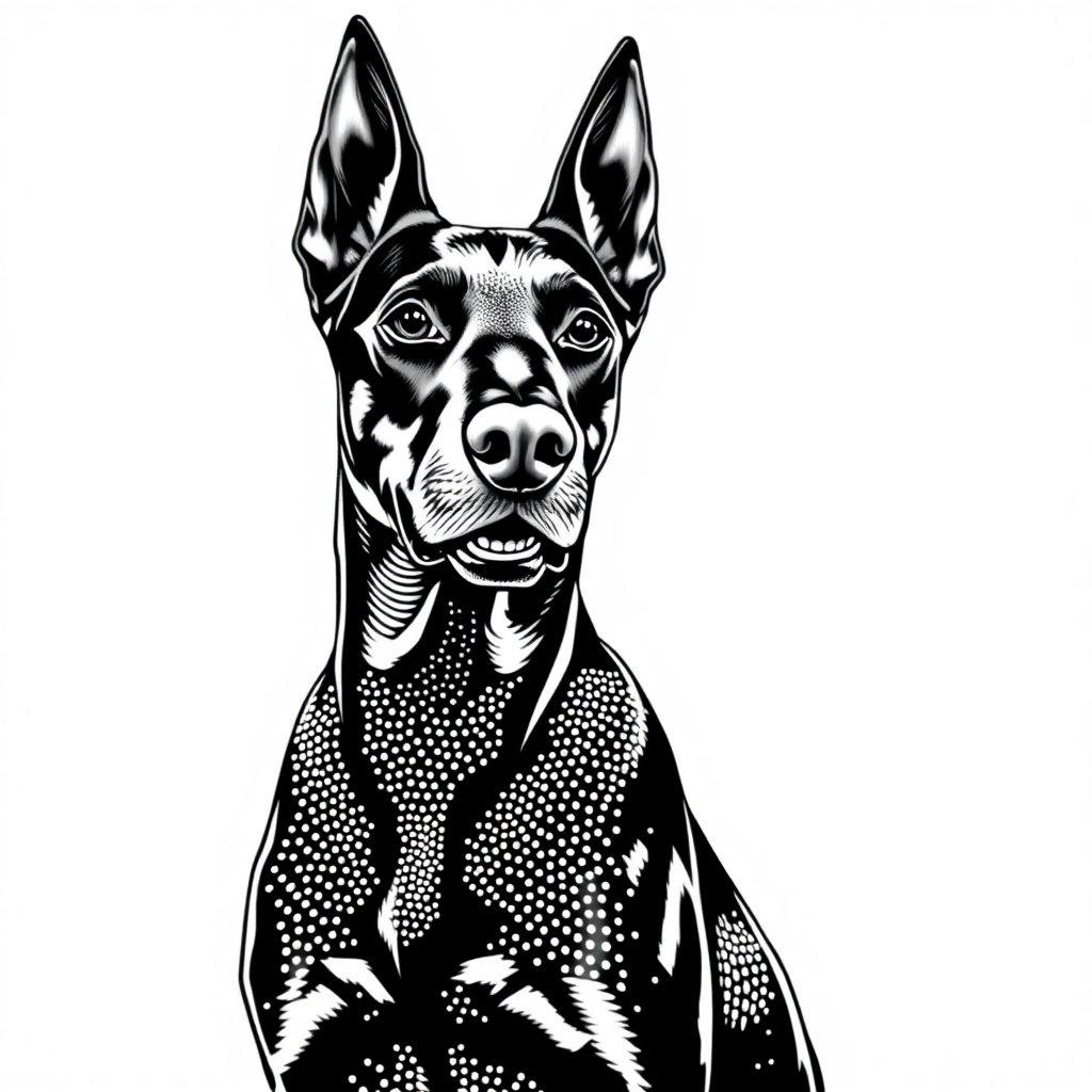 Doberman Pinscher dog — sitting portrait, looking at viewer, friendly expression coloring page Stipple style - free printable