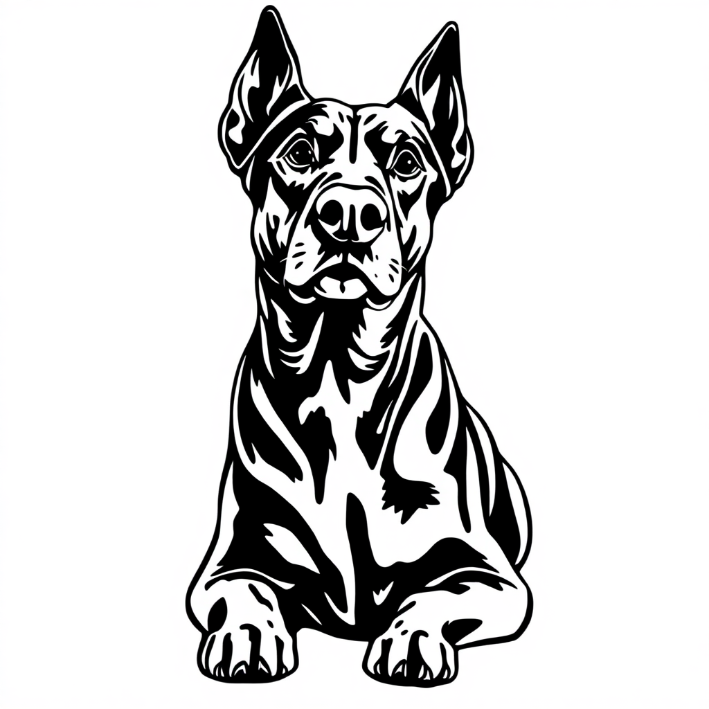 Doberman Pinscher dog — sitting portrait, looking at viewer, friendly expression coloring page Woodcut style - free printable