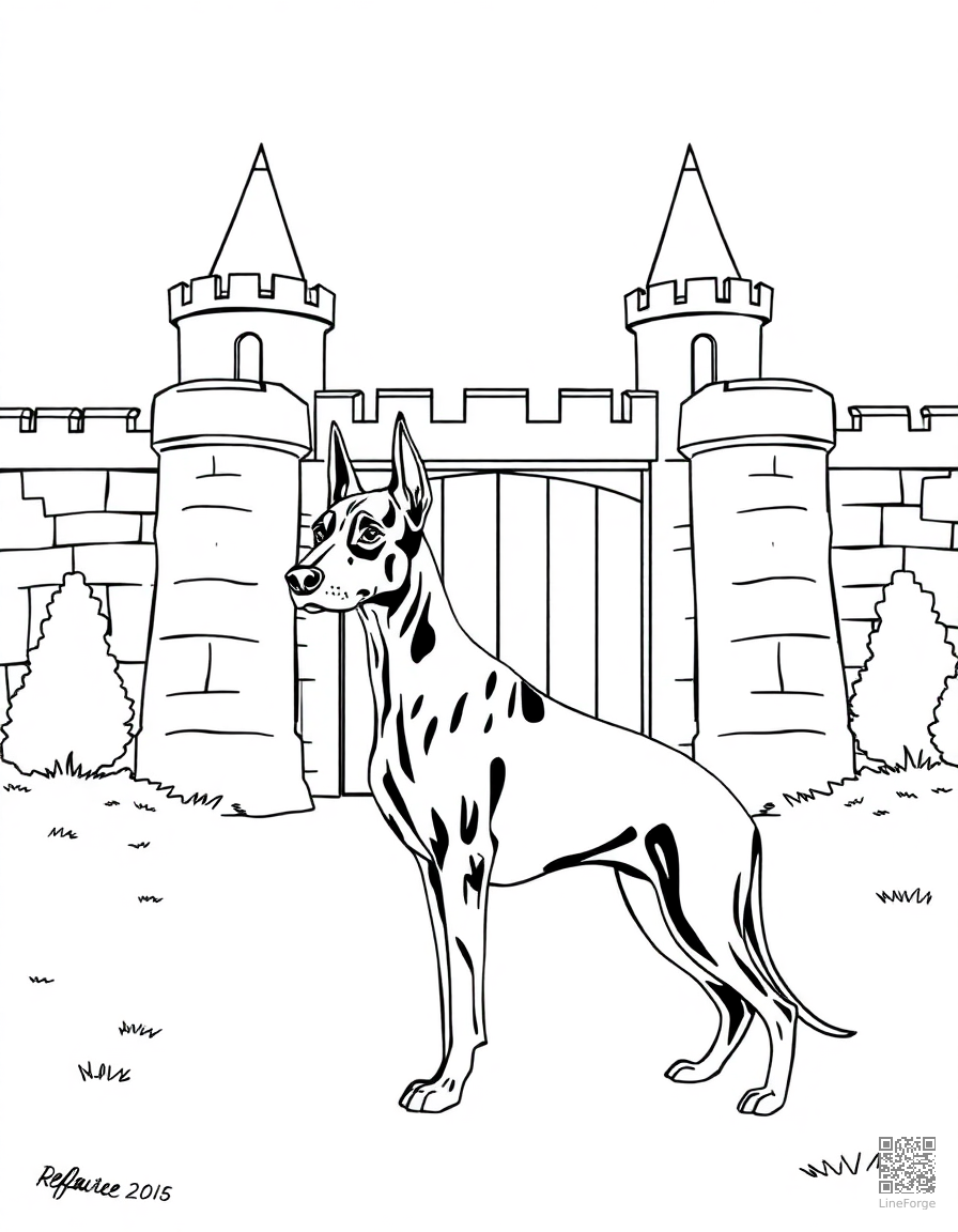 doberman standing guard at a castle gate coloring page Contour style - free printable