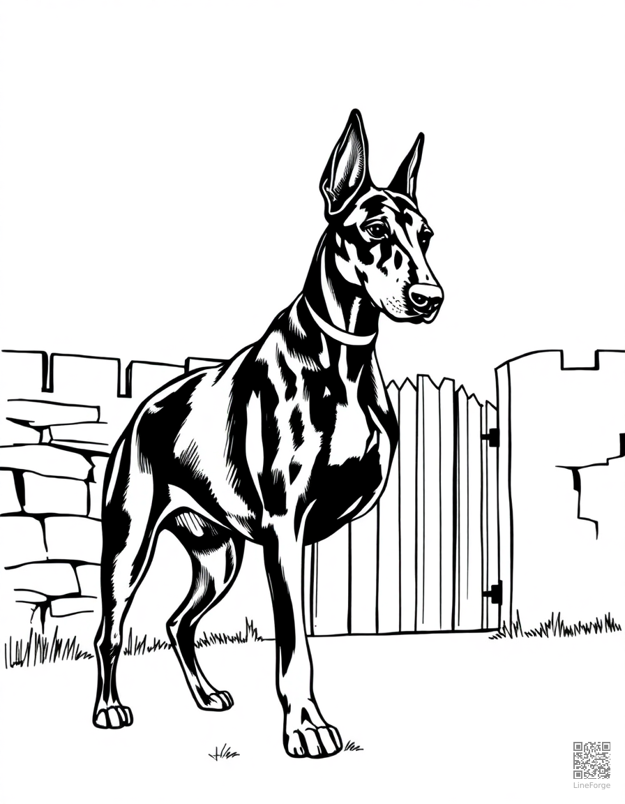 doberman standing guard at a castle gate coloring page Crosshatch style - free printable