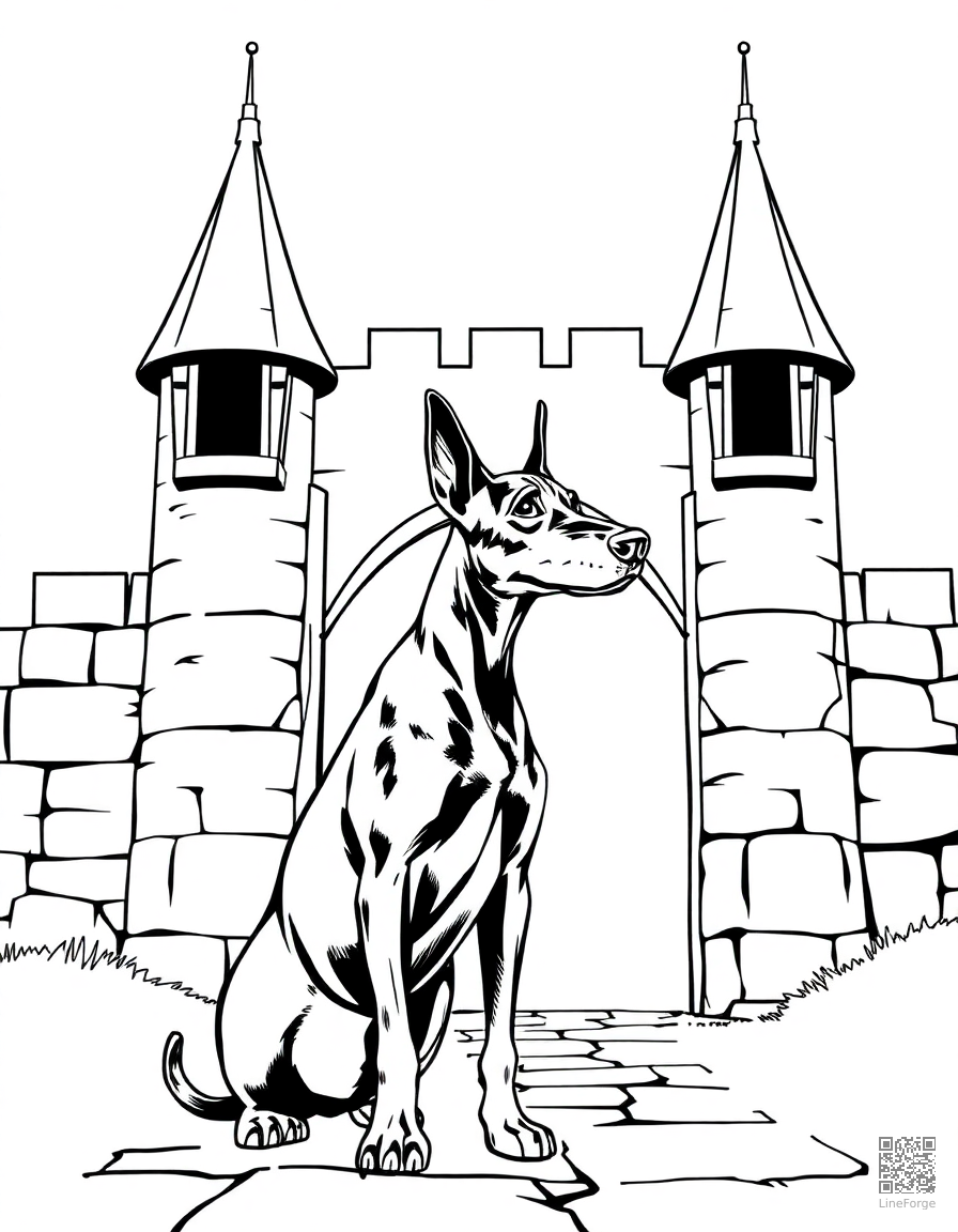 doberman standing guard at a castle gate coloring page Manga style - free printable
