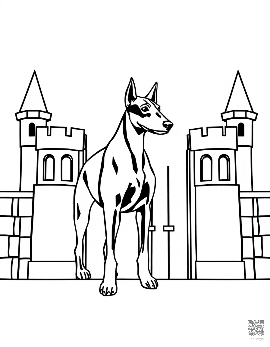doberman standing guard at a castle gate coloring page Minimal style - free printable