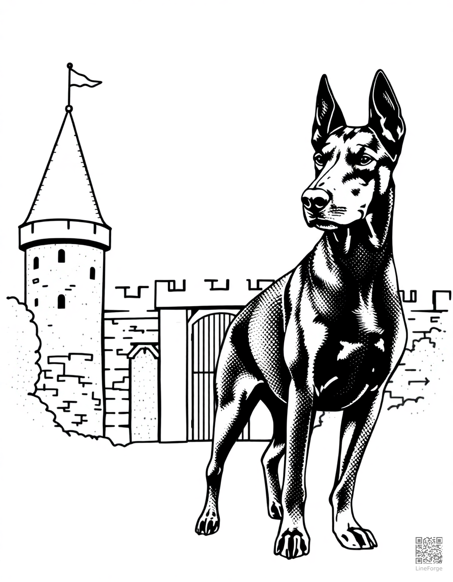 doberman standing guard at a castle gate coloring page Stipple style - free printable