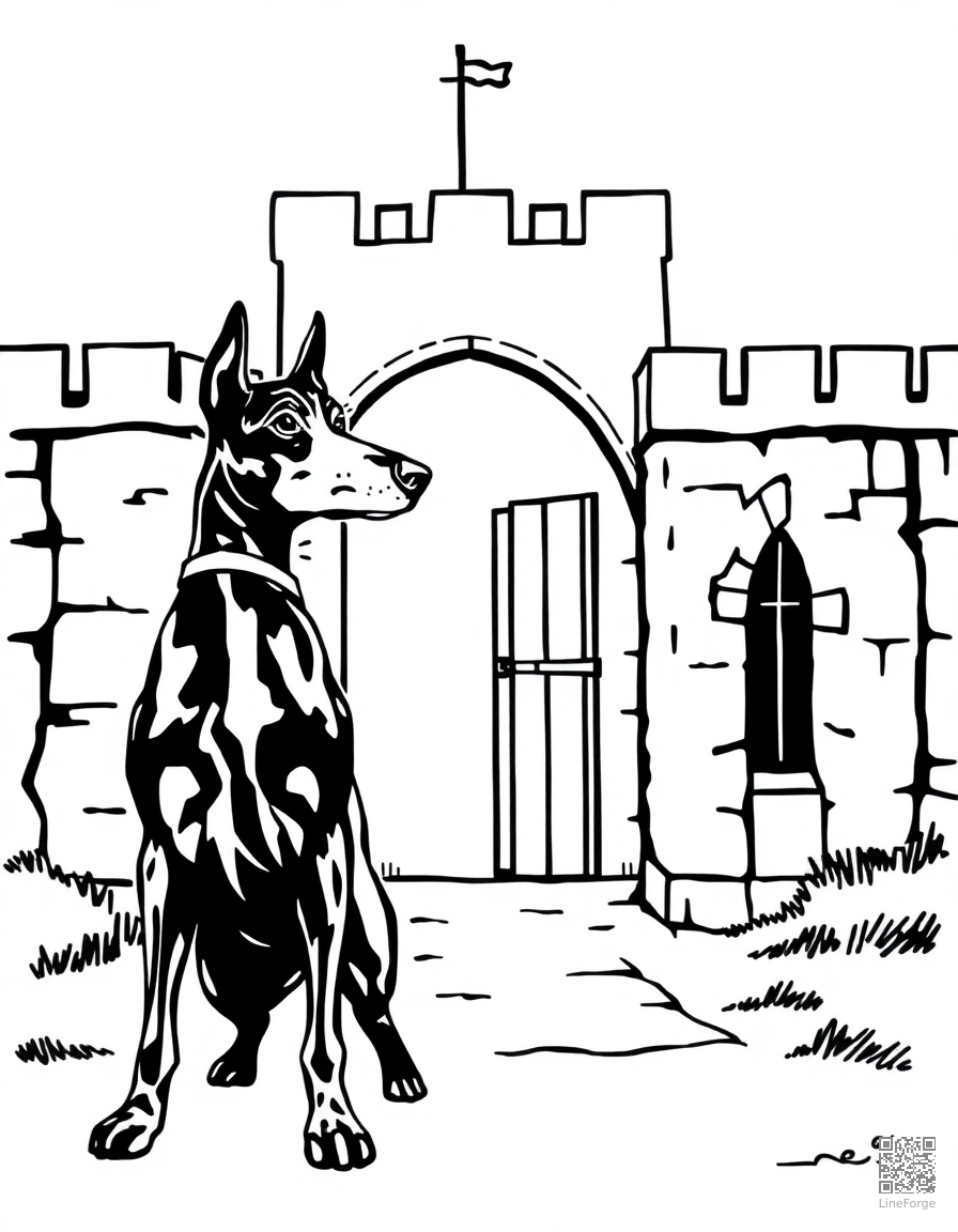 doberman standing guard at a castle gate coloring page Woodcut style - free printable