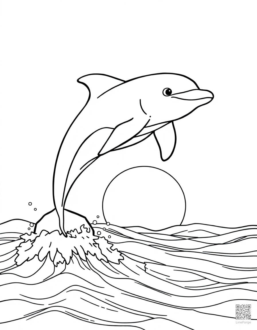 Free dolphin leaping out of the ocean at sunset coloring page in contour style — printable line art