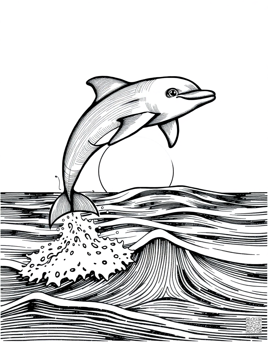 Free dolphin leaping out of the ocean at sunset coloring page in crosshatch style — printable line art