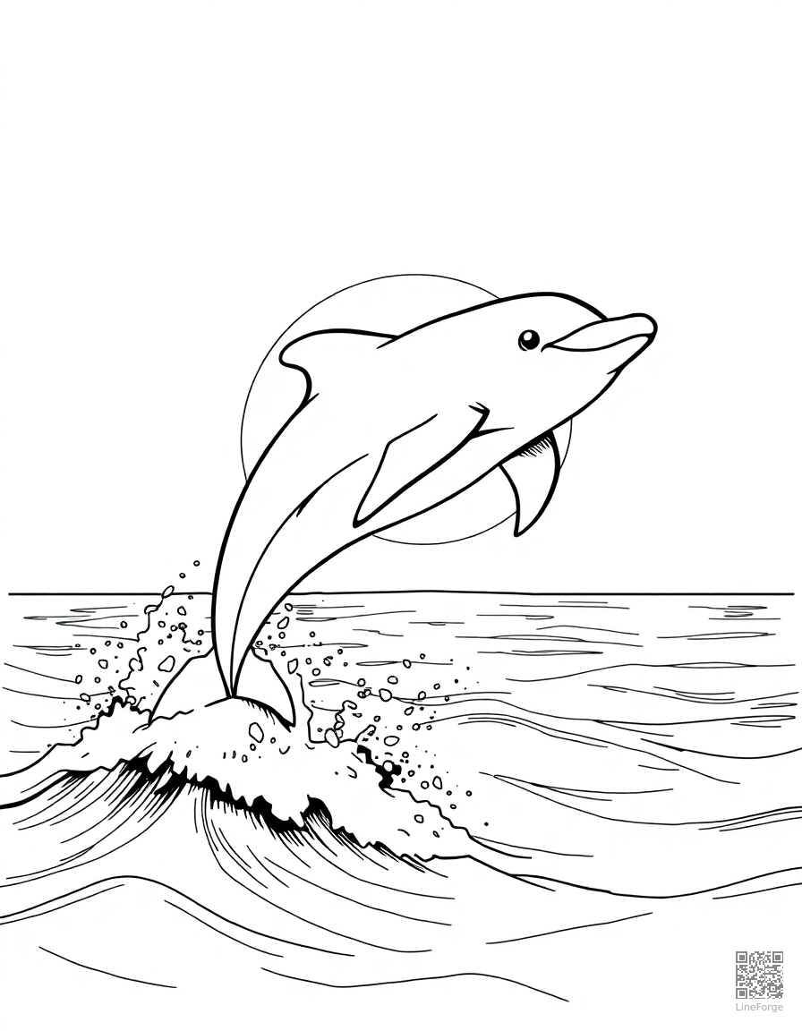 Free dolphin leaping out of the ocean at sunset coloring page in manga style — printable line art