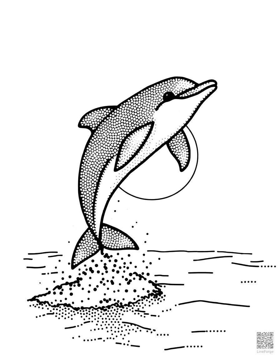 Free dolphin leaping out of the ocean at sunset coloring page in stipple style — printable line art