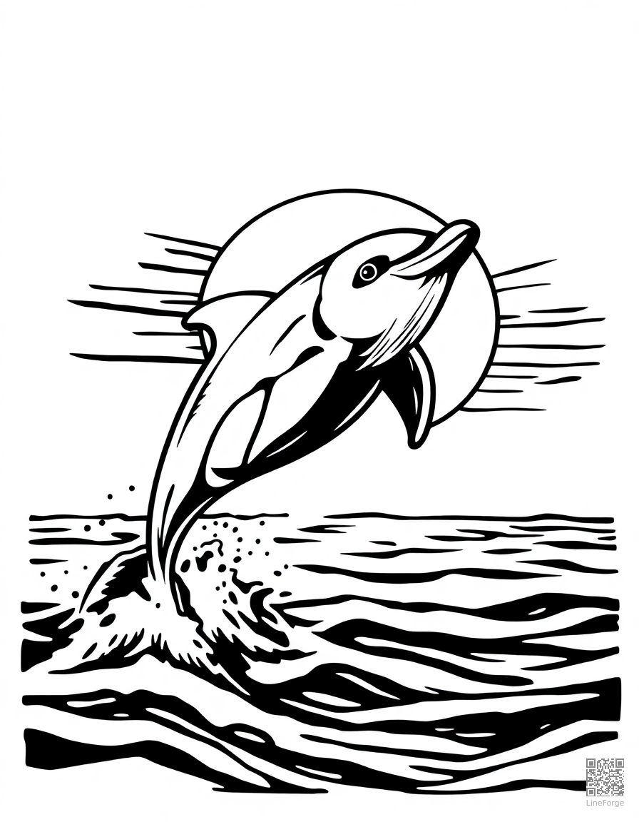 Free dolphin leaping out of the ocean at sunset coloring page in woodcut style — printable line art