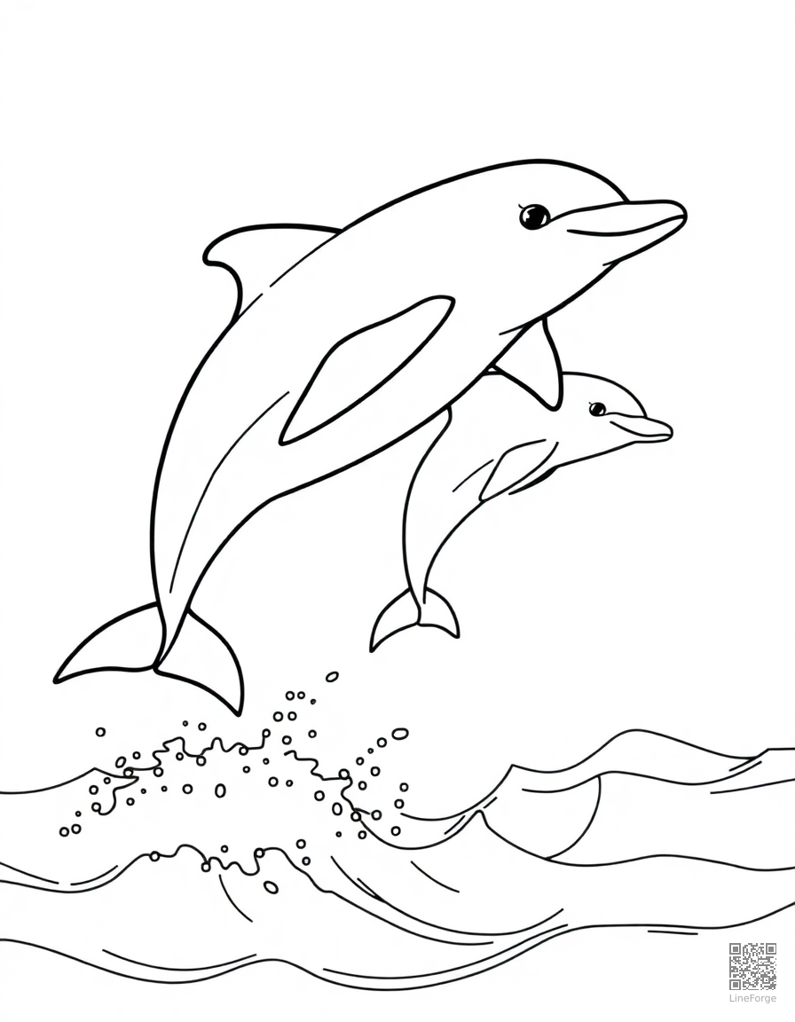 Dolphins jumping out of the ocean coloring page Contour style - free printable