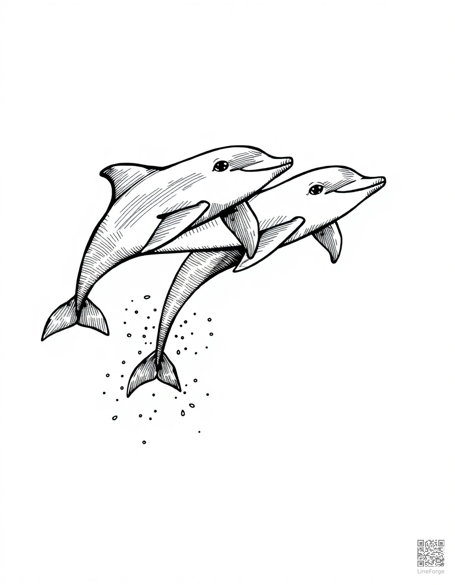 Dolphins jumping out of the ocean coloring page Crosshatch style - free printable