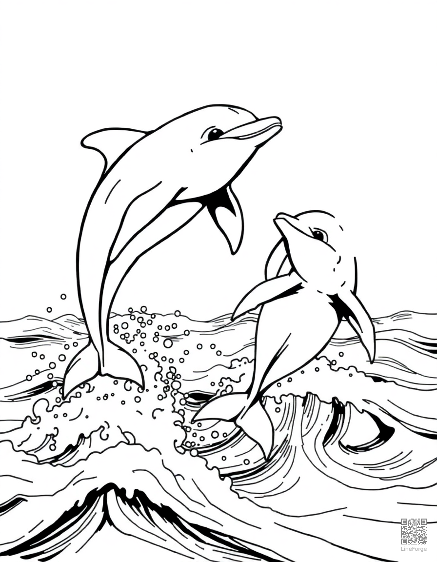 Dolphins jumping out of the ocean coloring page Manga style - free printable