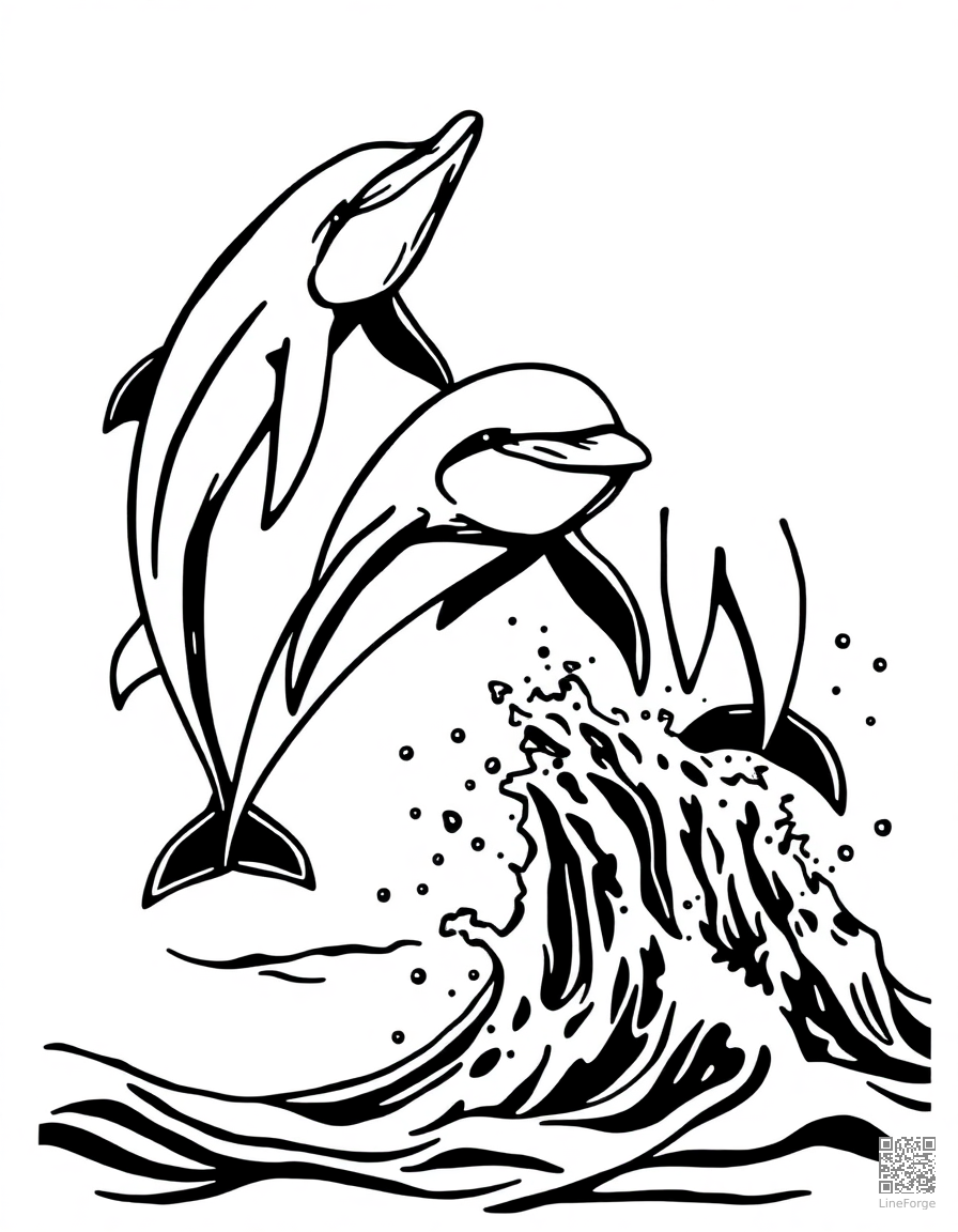 Dolphins jumping out of the ocean coloring page Woodcut style - free printable