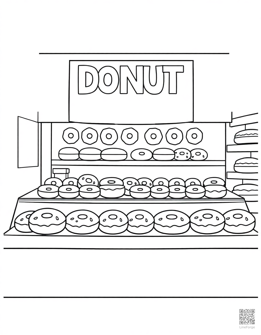 donut shop display with many varieties coloring page Contour style - free printable