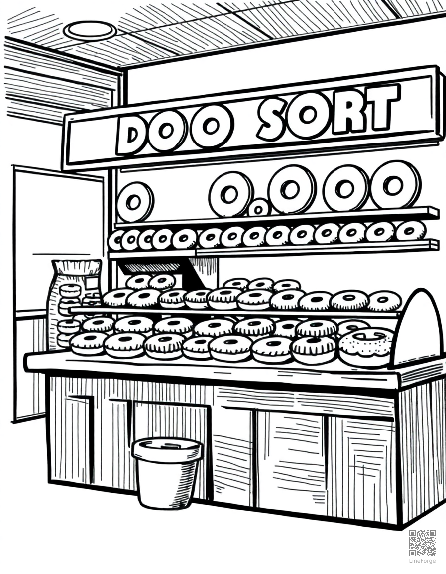 donut shop display with many varieties coloring page Crosshatch style - free printable