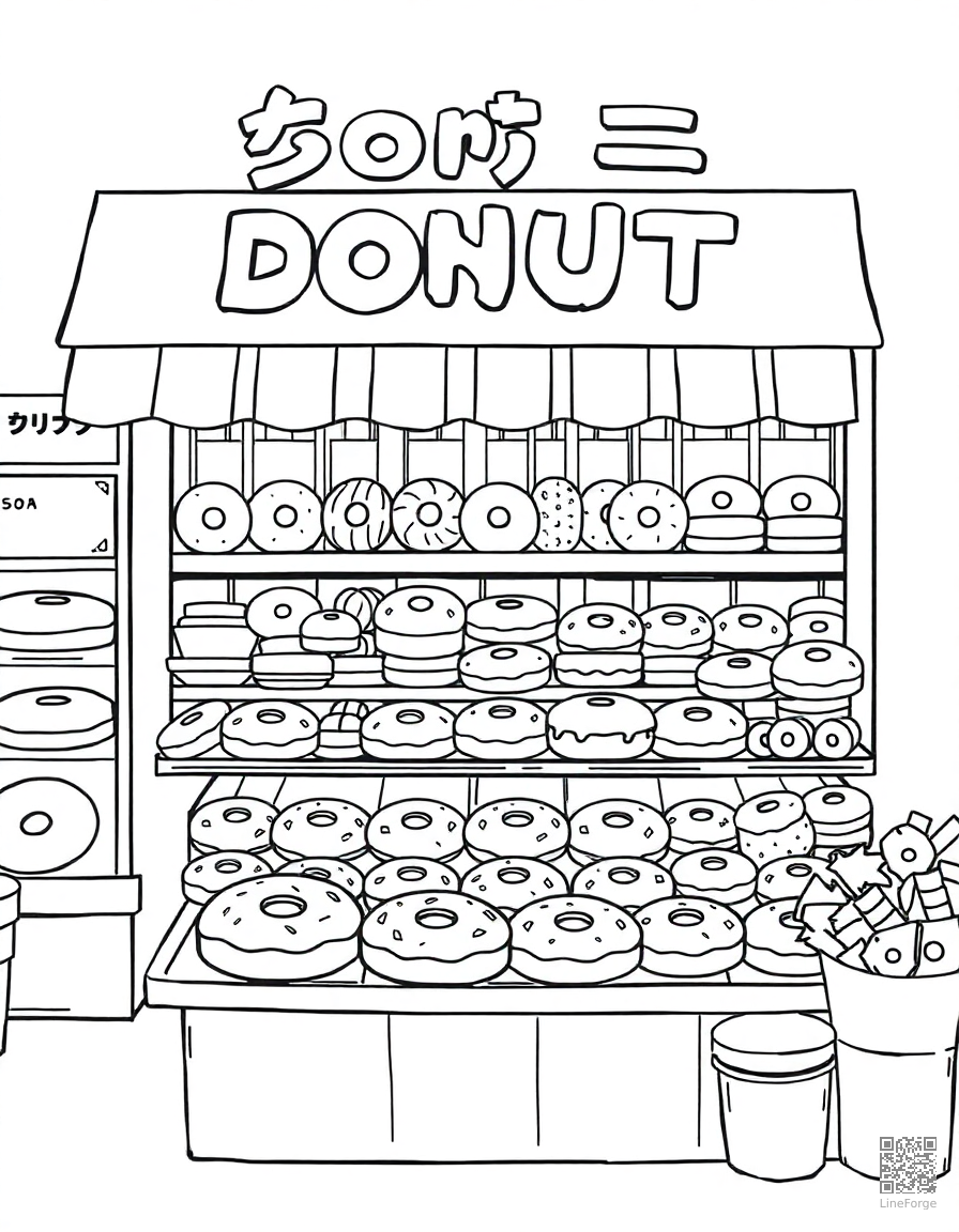 donut shop display with many varieties coloring page Manga style - free printable