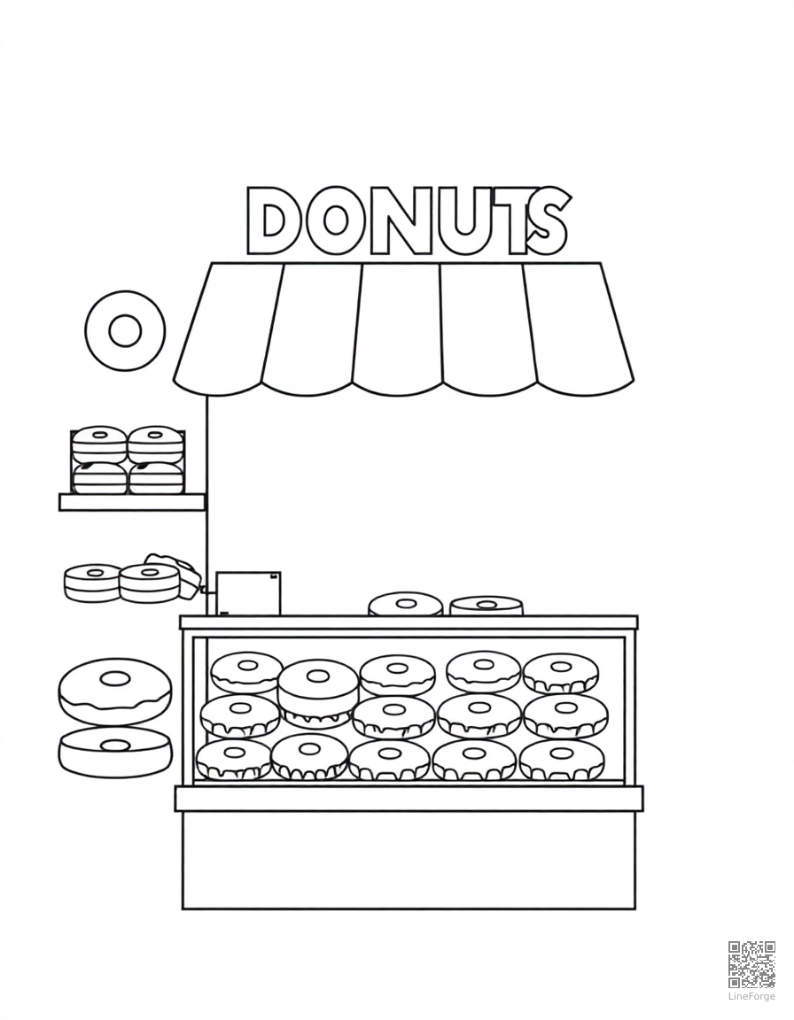 donut shop display with many varieties coloring page Minimal style - free printable