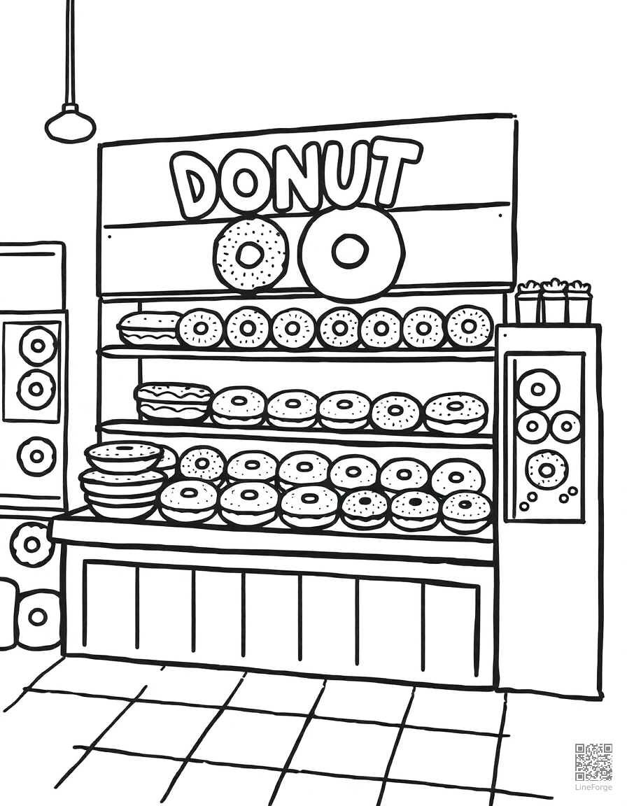 donut shop display with many varieties coloring page Stipple style - free printable