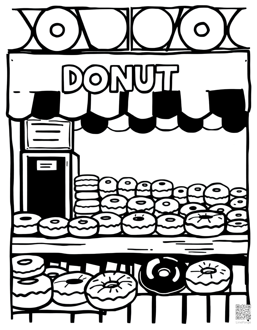donut shop display with many varieties coloring page Woodcut style - free printable