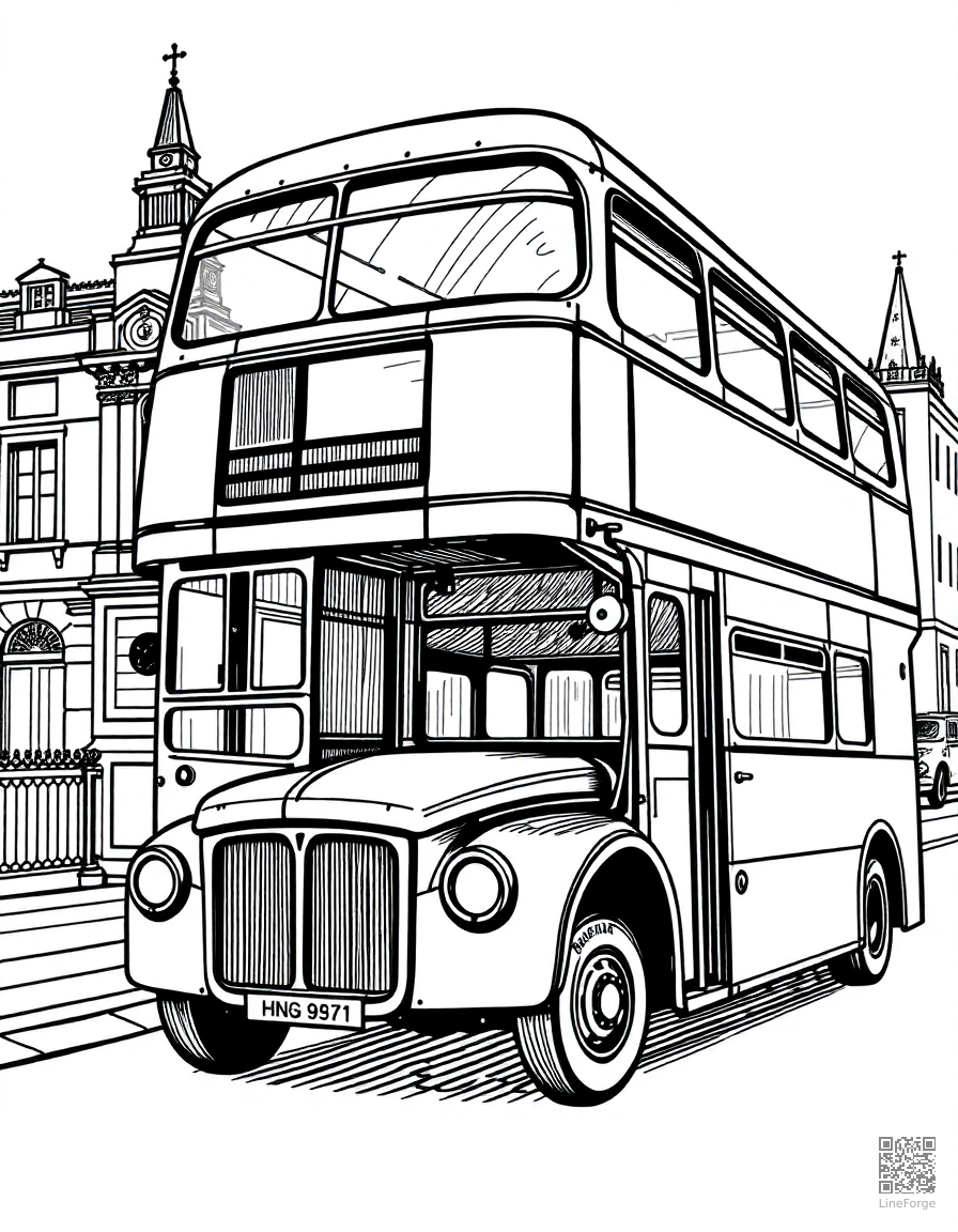 Free double decker bus in london coloring page in crosshatch style — printable line art