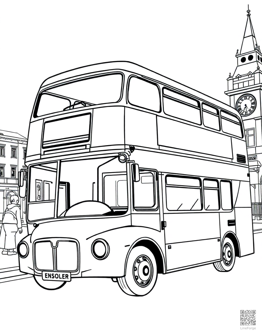 Free double decker bus in london coloring page in manga style — printable line art