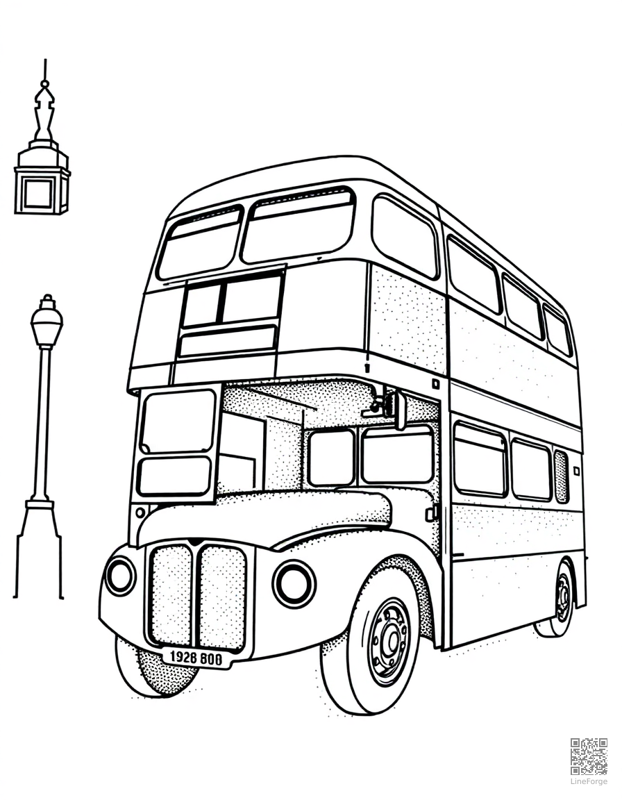Free double decker bus in london coloring page in stipple style — printable line art