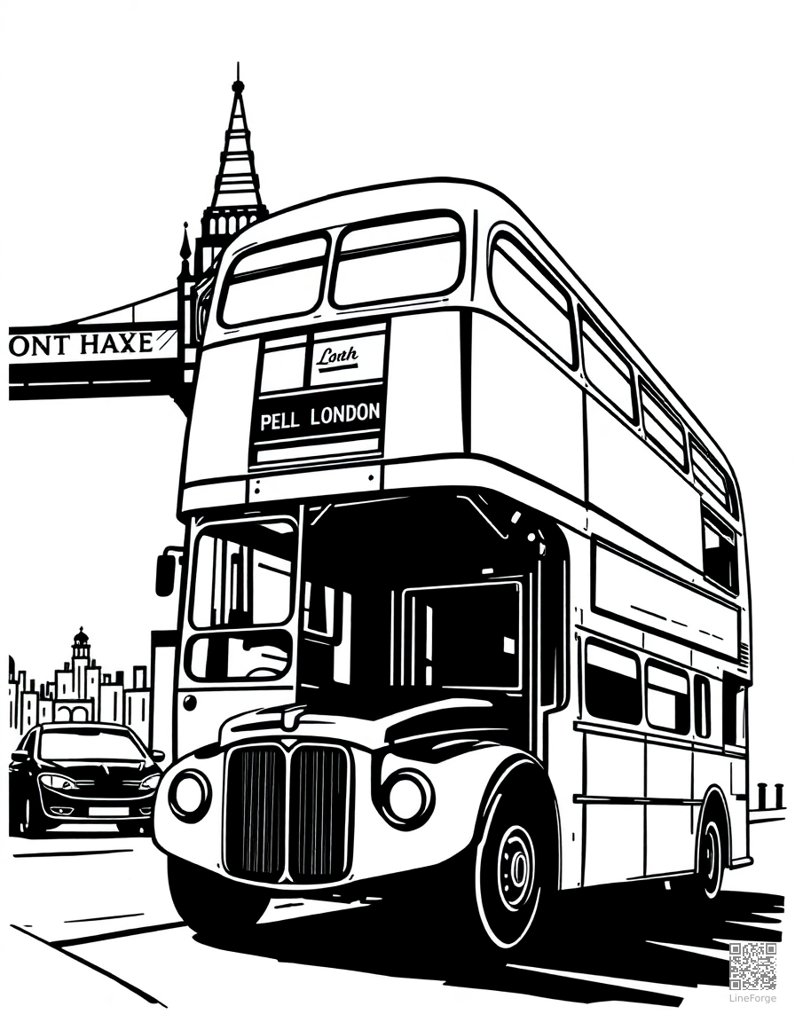 Free double decker bus in london coloring page in woodcut style — printable line art