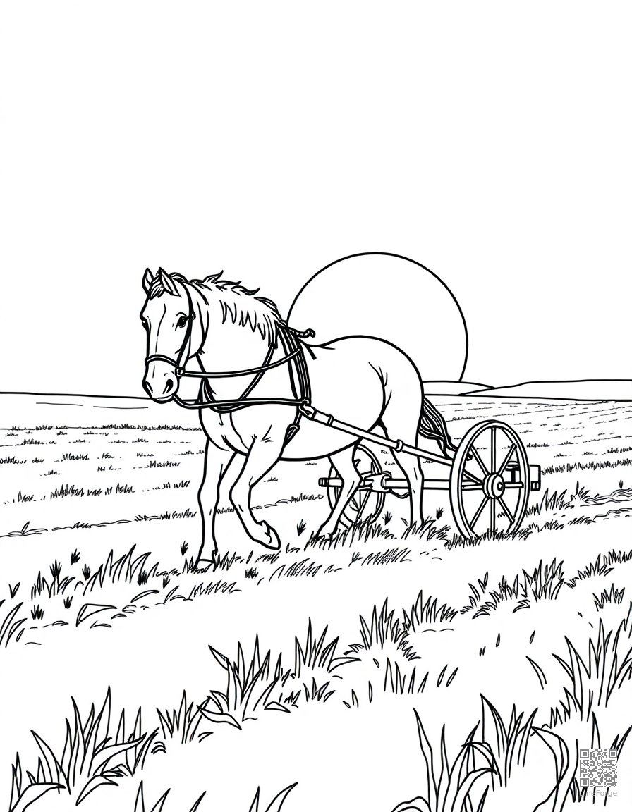 Free draft horse plowing a field at sunrise coloring page in contour style — printable line art
