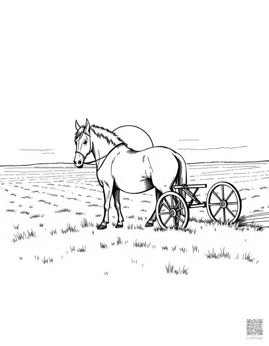Free draft horse plowing a field at sunrise coloring page in crosshatch style — printable line art