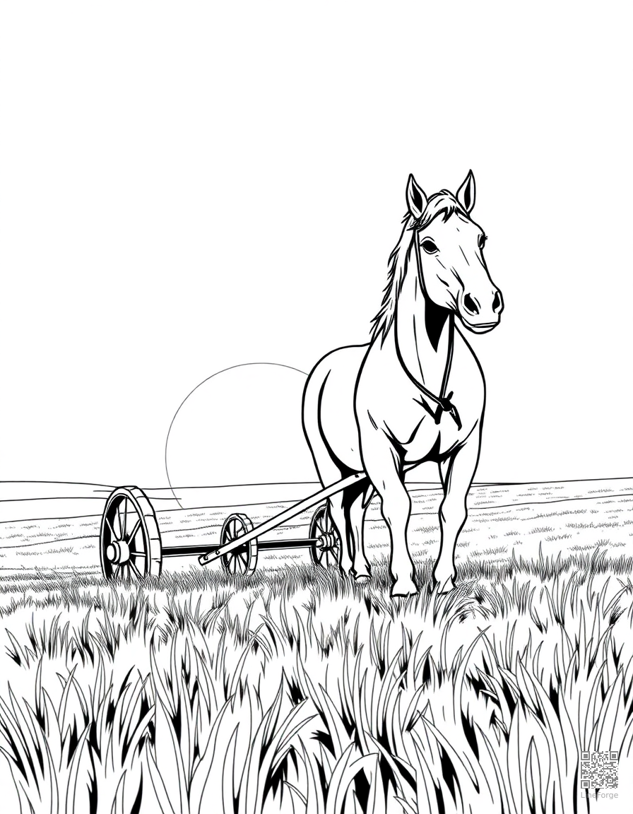 Free draft horse plowing a field at sunrise coloring page in manga style — printable line art
