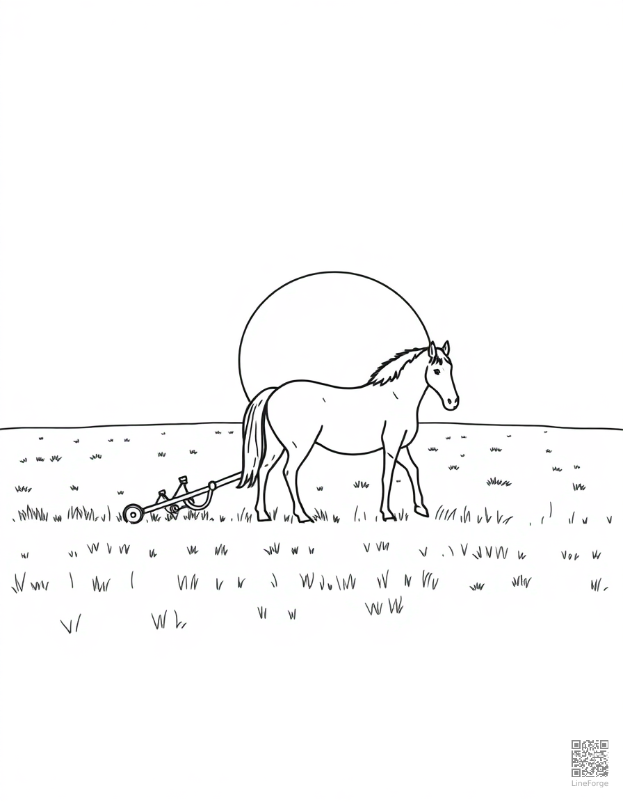 draft horse plowing a field at sunrise coloring page Minimal style - free printable