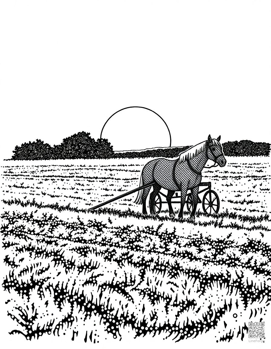 Free draft horse plowing a field at sunrise coloring page in stipple style — printable line art