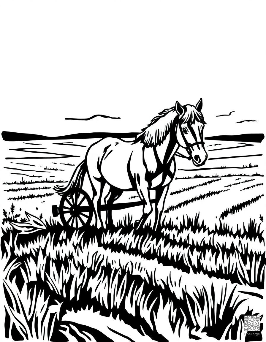 draft horse plowing a field at sunrise coloring page Woodcut style - free printable