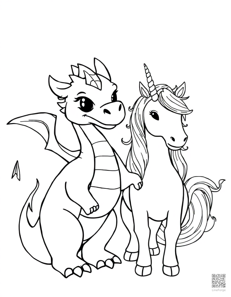 Free dragon and unicorn as unlikely friends coloring page in contour style — printable line art