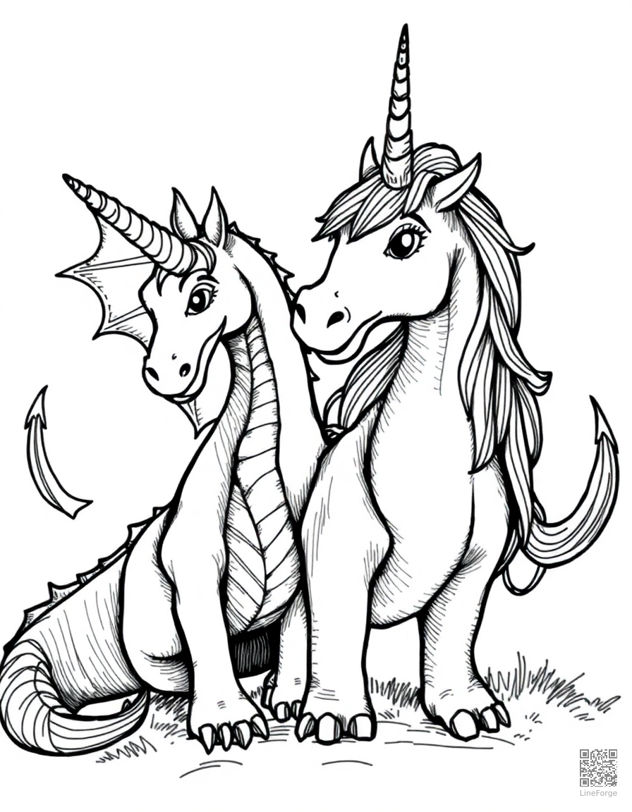 dragon and unicorn as unlikely friends coloring page Crosshatch style - free printable