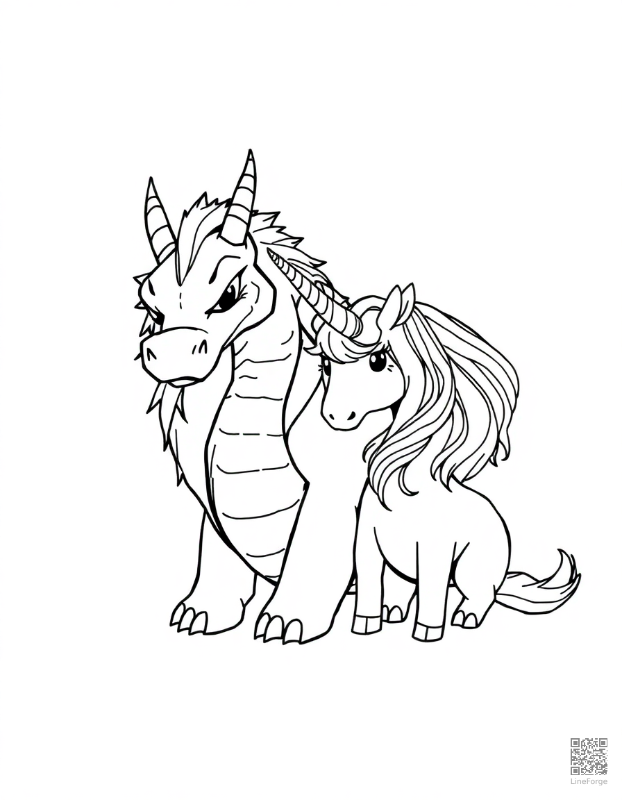 Free dragon and unicorn as unlikely friends coloring page in manga style — printable line art
