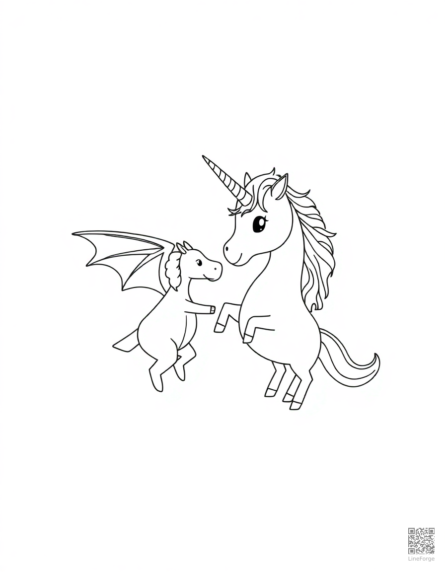 dragon and unicorn as unlikely friends coloring page Minimal style - free printable