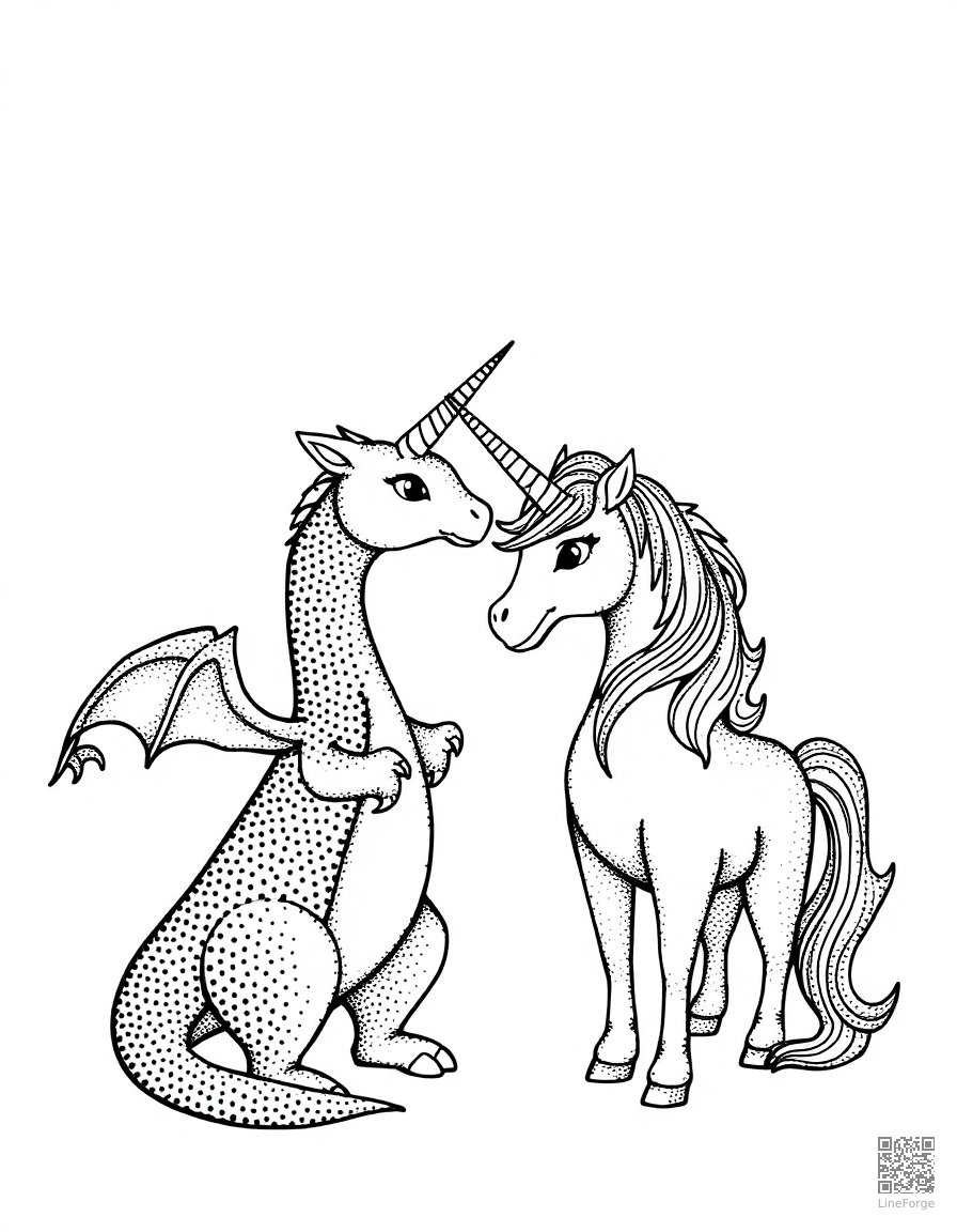 dragon and unicorn as unlikely friends coloring page Stipple style free printable